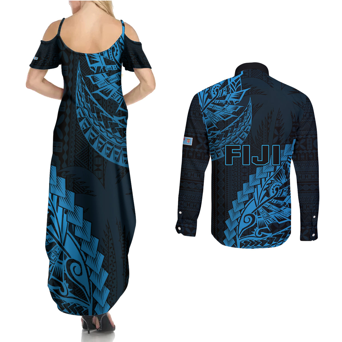 Fiji Rugby Couples Matching Summer Maxi Dress and Long Sleeve Button Shirt Kaiviti Fijian Tribal World Cup Blue No2 LT9 - Wonder Print Shop