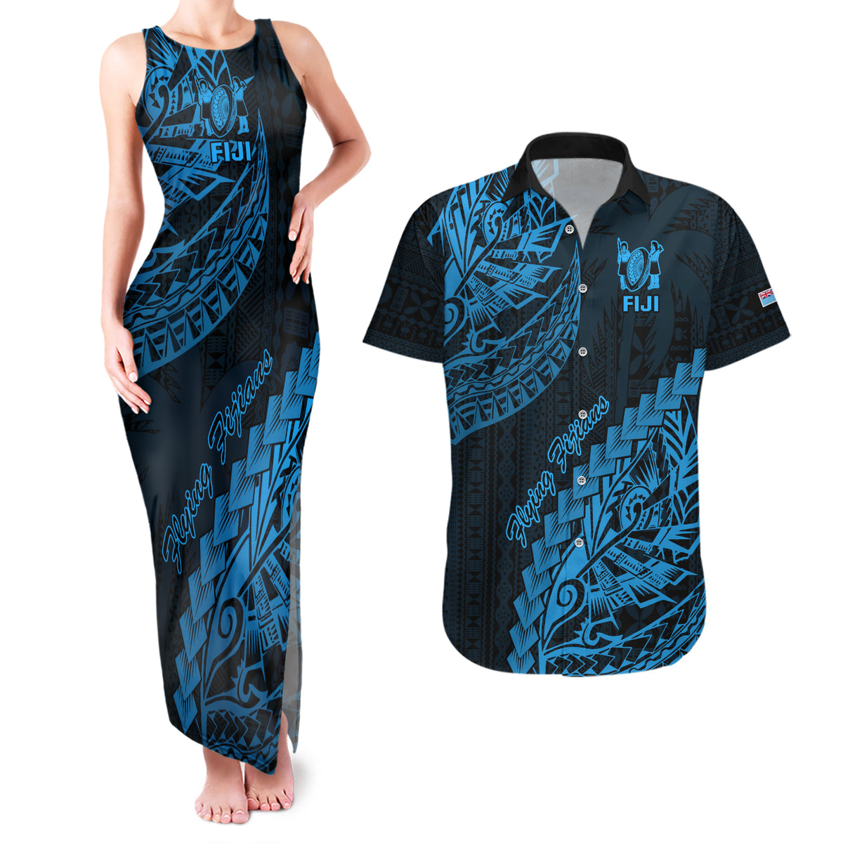 Fiji Rugby Couples Matching Tank Maxi Dress and Hawaiian Shirt Kaiviti Fijian Tribal World Cup Blue No2 LT9 - Wonder Print Shop