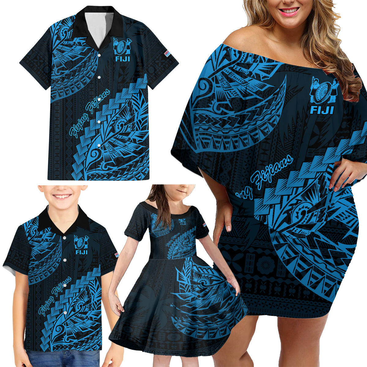 Fiji Rugby Family Matching Off Shoulder Short Dress and Hawaiian Shirt Kaiviti Fijian Tribal World Cup Blue No2 LT9 - Wonder Print Shop