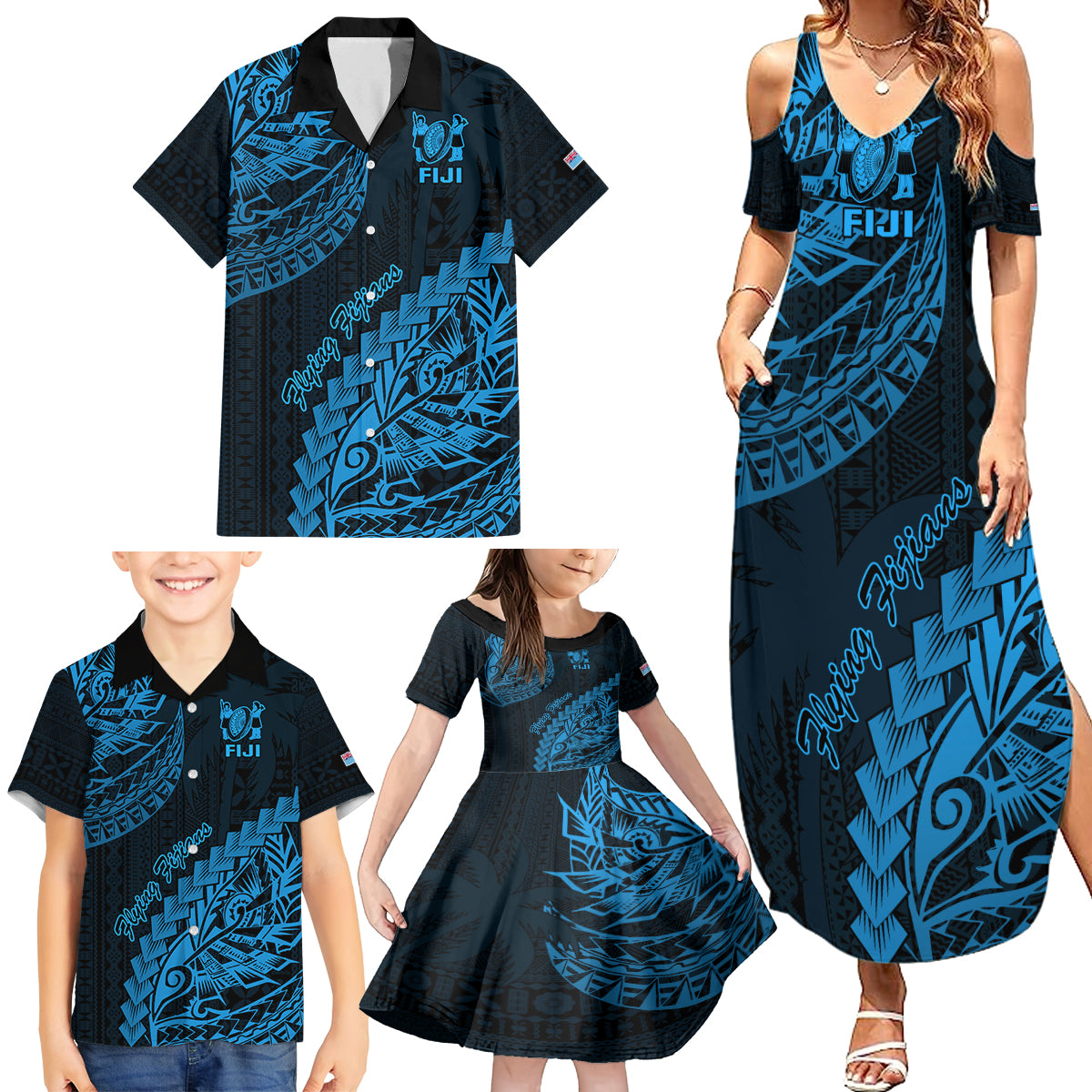 Fiji Rugby Family Matching Summer Maxi Dress and Hawaiian Shirt Kaiviti Fijian Tribal World Cup Blue No2 - Wonder Print Shop