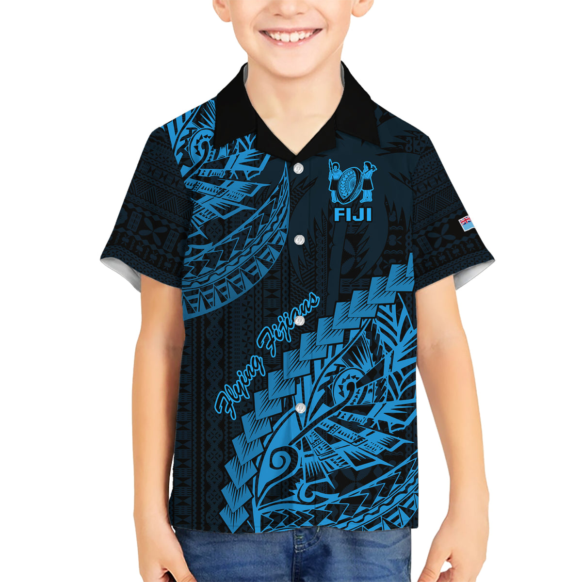 Fiji Rugby Kid Hawaiian Shirt Kaiviti Fijian Tribal World Cup Blue No2 - Wonder Print Shop
