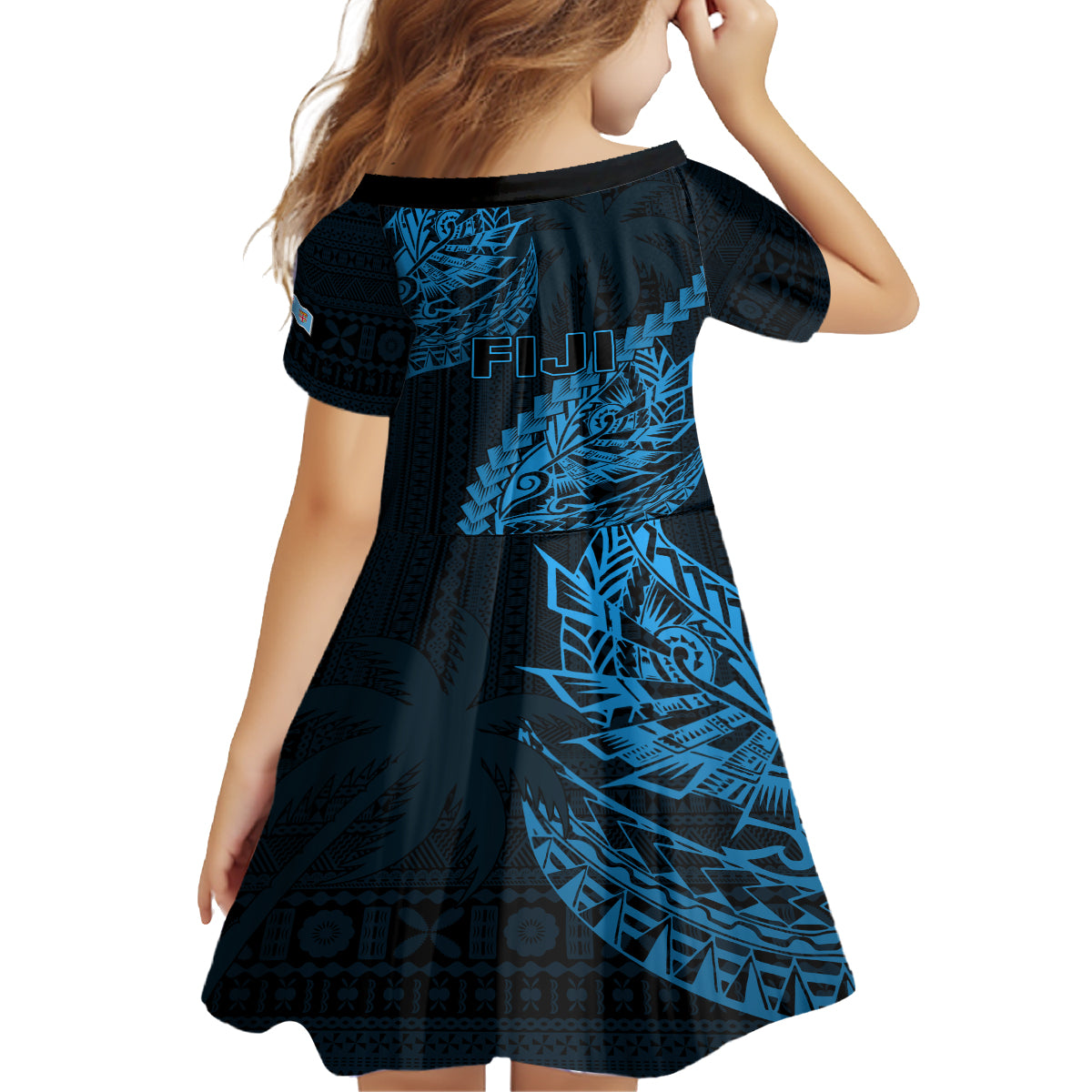 Fiji Rugby Kid Short Sleeve Dress Kaiviti Fijian Tribal World Cup Blue No2 - Wonder Print Shop