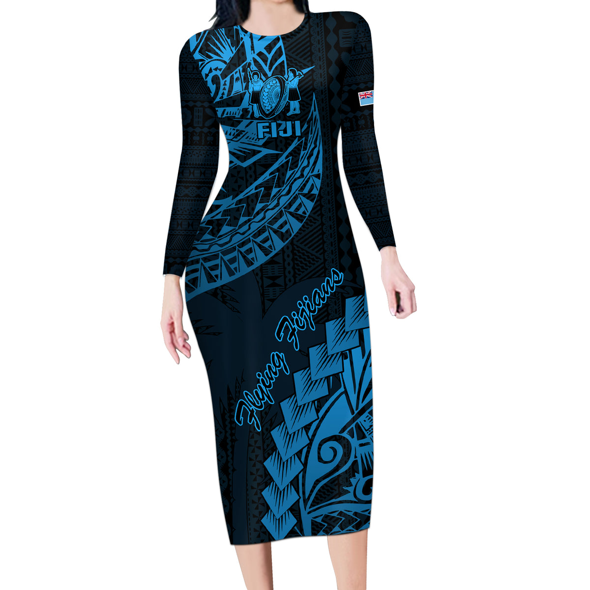 Fiji Rugby Long Sleeve Bodycon Dress Kaiviti Fijian Tribal World Cup Blue No2 - Wonder Print Shop