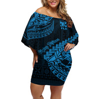 Fiji Rugby Off Shoulder Short Dress Kaiviti Fijian Tribal World Cup Blue No2 - Wonder Print Shop