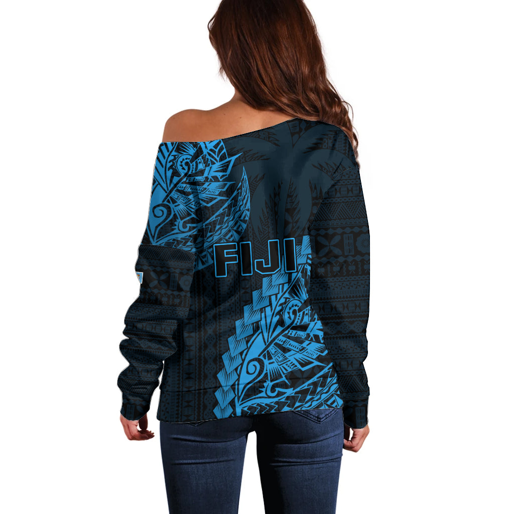 Fiji Rugby Off Shoulder Sweater Kaiviti Fijian Tribal World Cup Blue No2 - Wonder Print Shop
