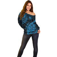 Fiji Rugby Off Shoulder Sweater Kaiviti Fijian Tribal World Cup Blue No2 - Wonder Print Shop
