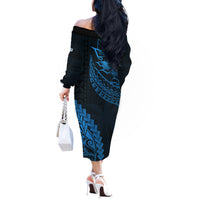 Fiji Rugby Off The Shoulder Long Sleeve Dress Kaiviti Fijian Tribal World Cup Blue No2 - Wonder Print Shop