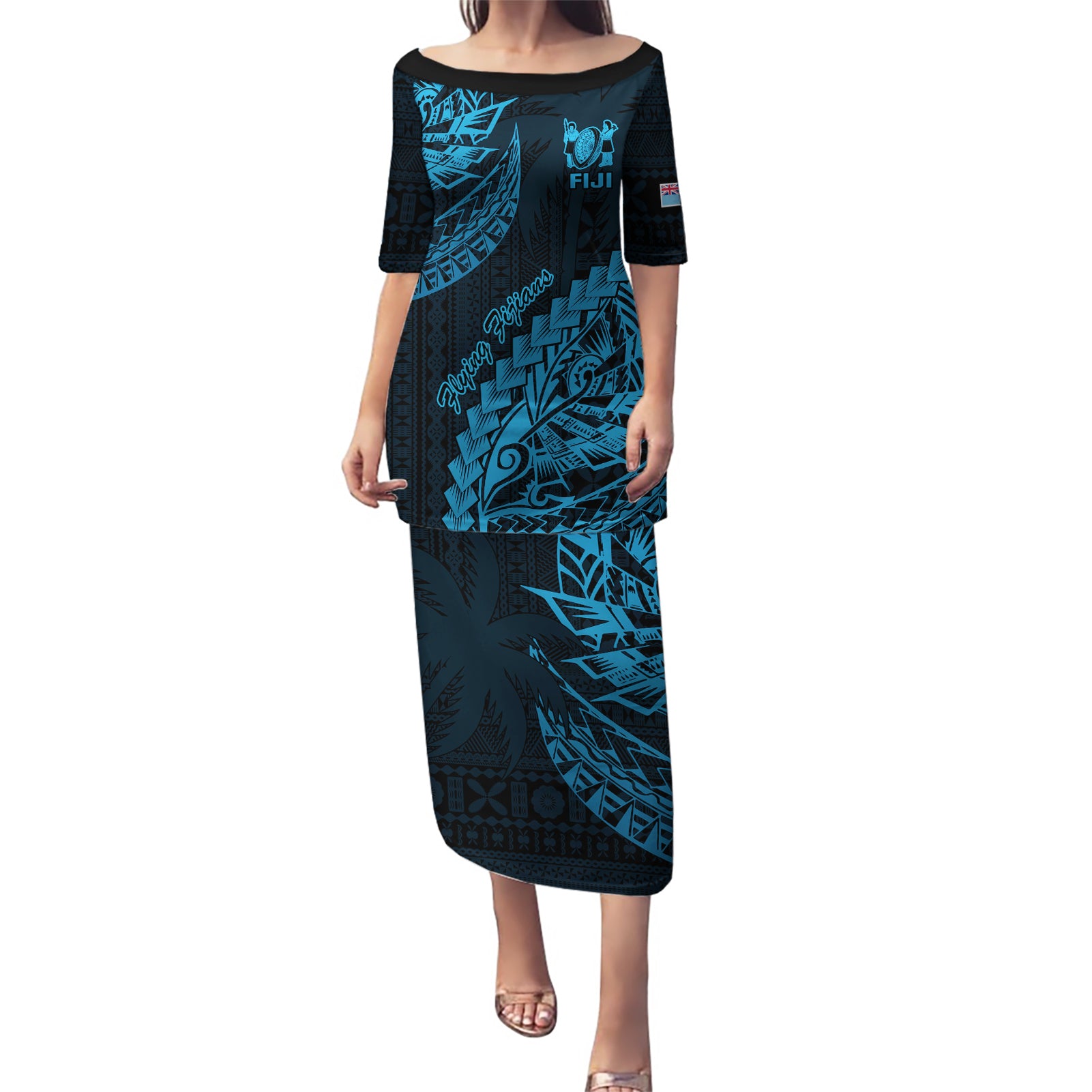 Fiji Rugby Puletasi Kaiviti Fijian Tribal World Cup Blue No2 - Wonder Print Shop