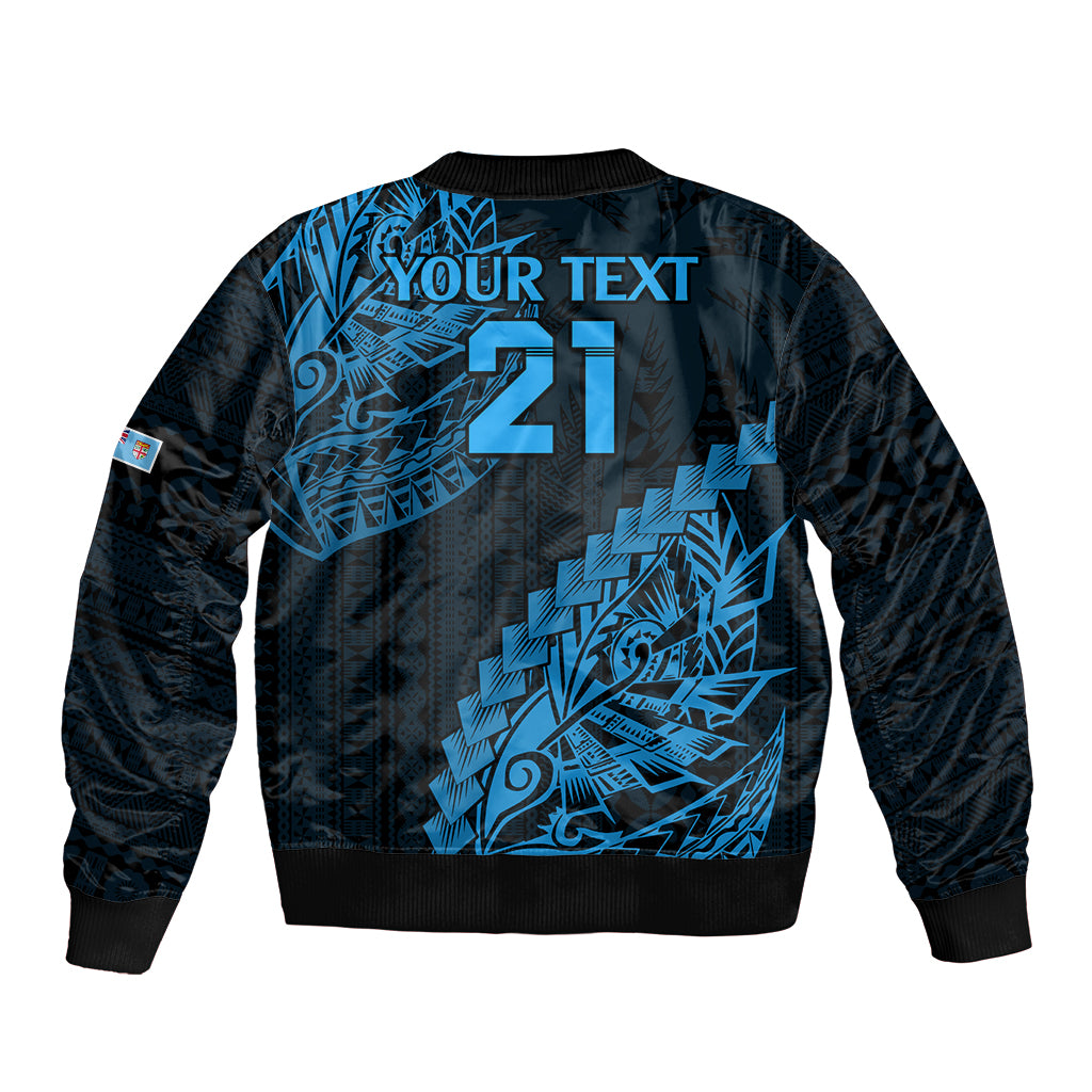 Custom Fiji Rugby Sleeve Zip Bomber Jacket Kaiviti Fijian Tribal World Cup Blue No2 - Wonder Print Shop