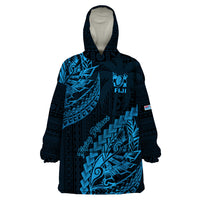 Custom Fiji Rugby Wearable Blanket Hoodie Kaiviti Fijian Tribal World Cup Blue No2 - Wonder Print Shop