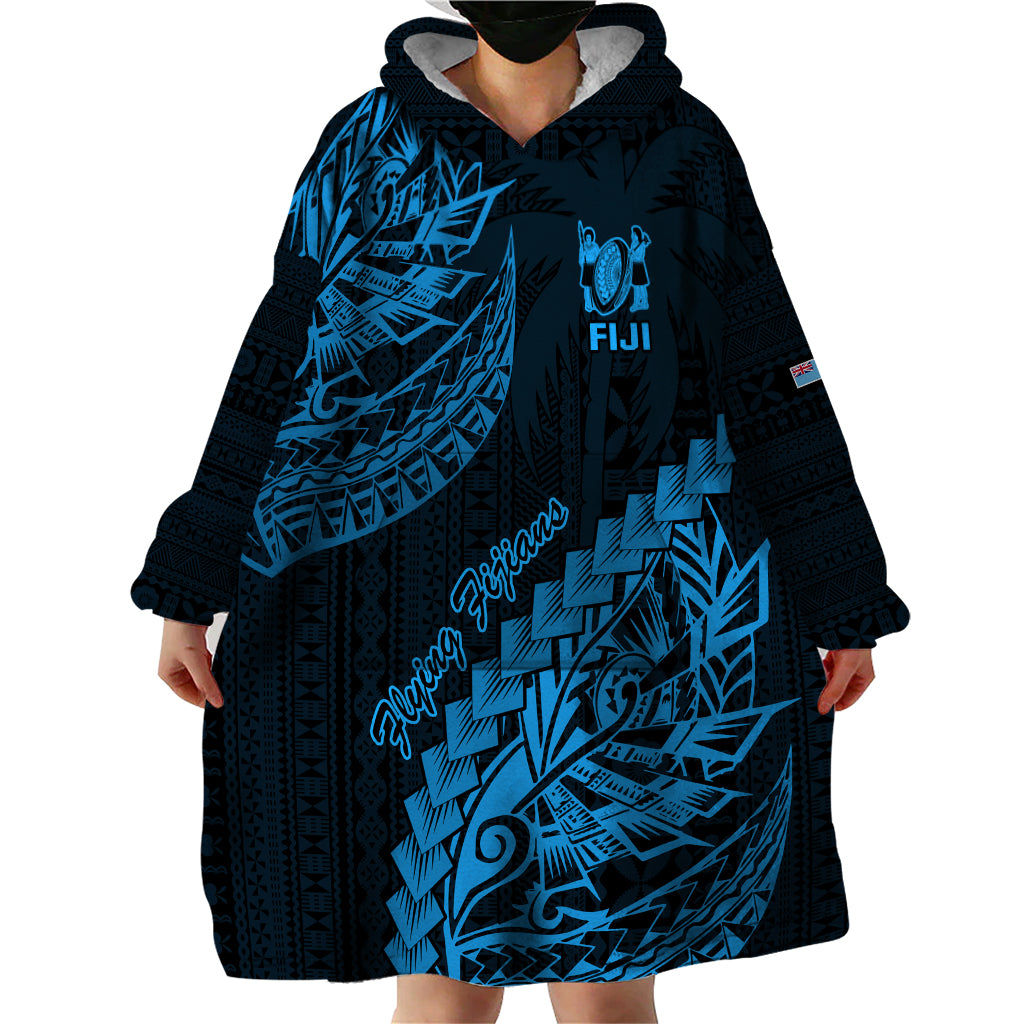 Custom Fiji Rugby Wearable Blanket Hoodie Kaiviti Fijian Tribal World Cup Blue No2 - Wonder Print Shop