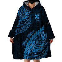 Custom Fiji Rugby Wearable Blanket Hoodie Kaiviti Fijian Tribal World Cup Blue No2 - Wonder Print Shop
