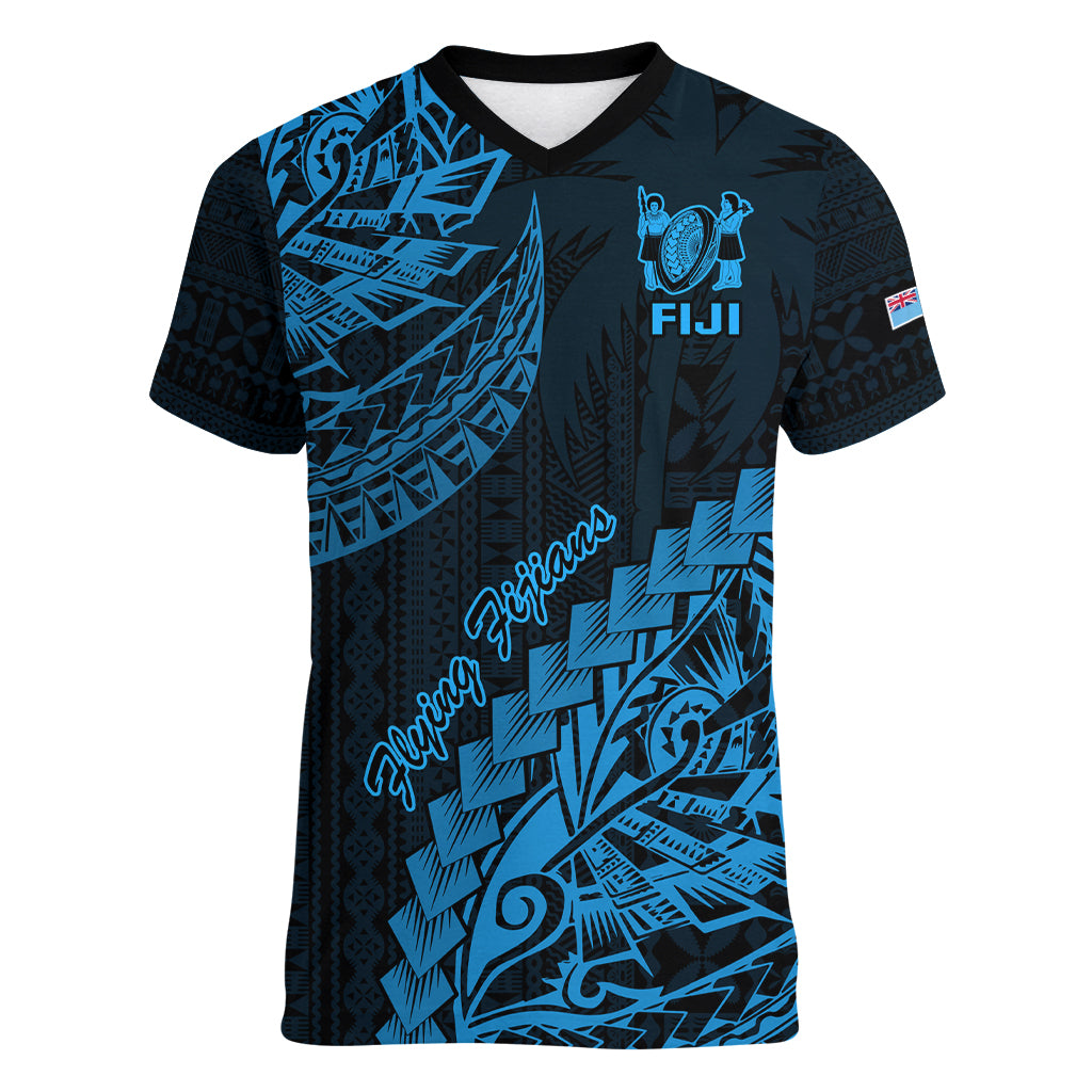 Custom Fiji Rugby Women V Neck T Shirt Kaiviti Fijian Tribal World Cup Blue No2 - Wonder Print Shop