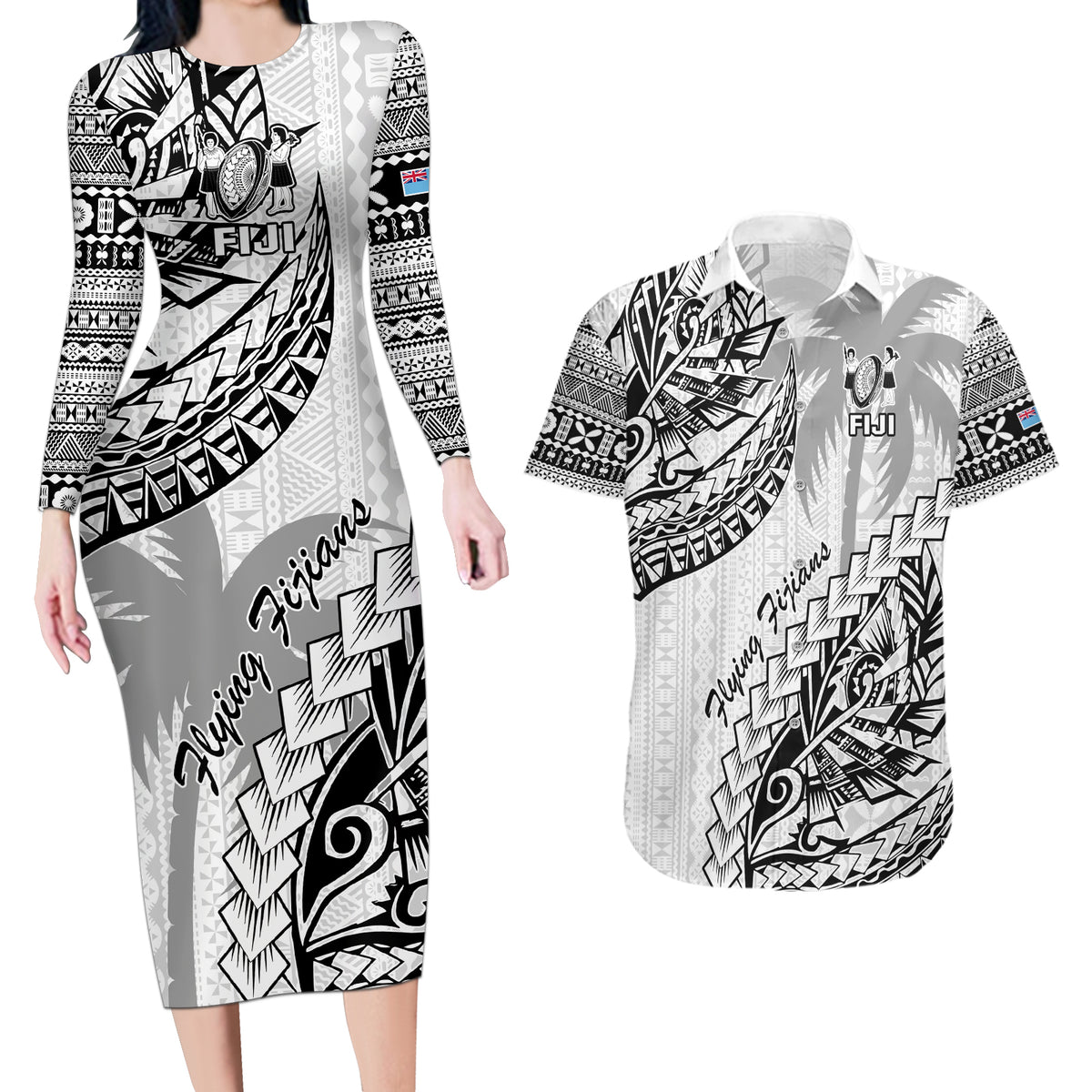 Fiji Rugby Couples Matching Long Sleeve Bodycon Dress and Hawaiian Shirt Kaiviti Fijian Tribal World Cup White LT9 - Wonder Print Shop