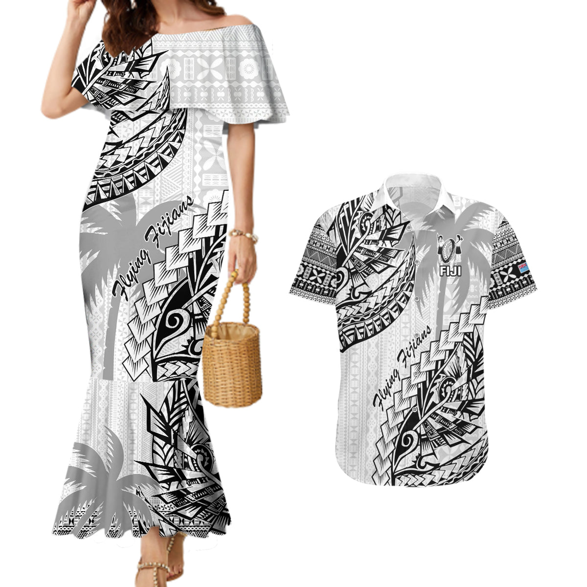 Fiji Rugby Couples Matching Mermaid Dress and Hawaiian Shirt Kaiviti Fijian Tribal World Cup White LT9 - Wonder Print Shop