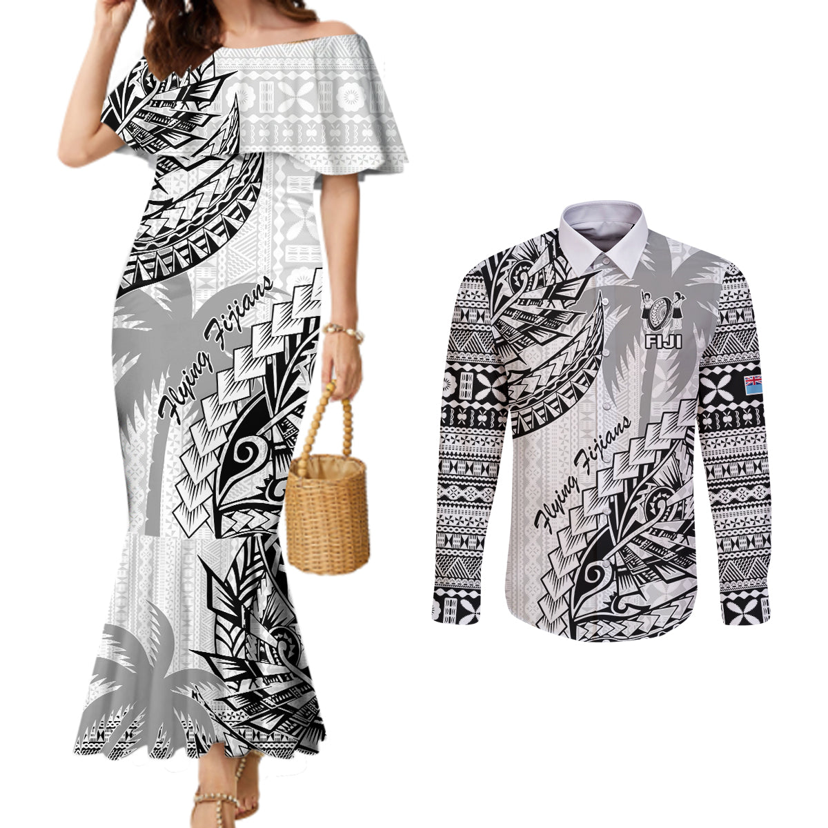 fiji-rugby-couples-matching-mermaid-dress-and-long-sleeve-button-shirt-kaiviti-fijian-tribal-world-cup-white