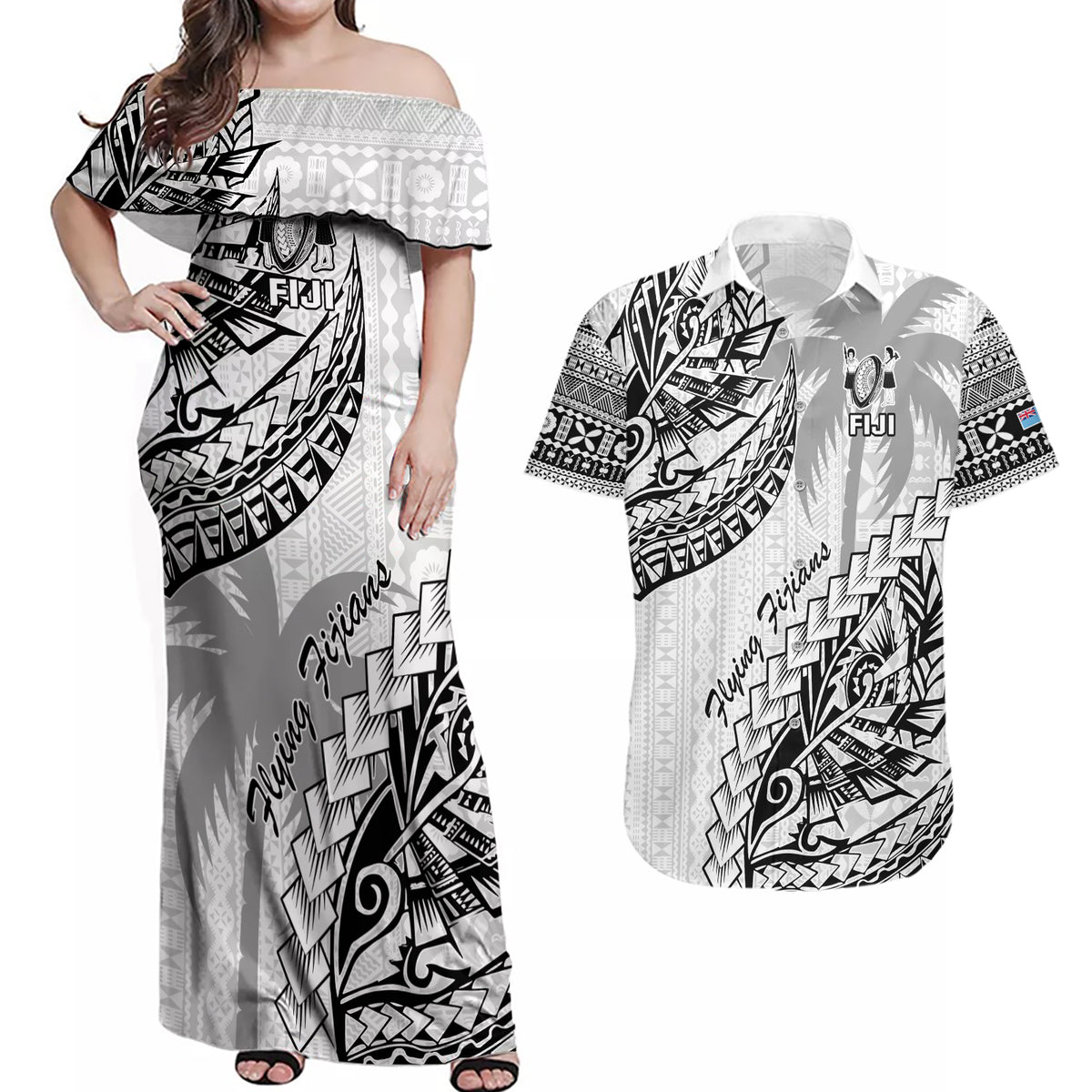 Fiji Rugby Couples Matching Off Shoulder Maxi Dress and Hawaiian Shirt Kaiviti Fijian Tribal World Cup White LT9 - Wonder Print Shop