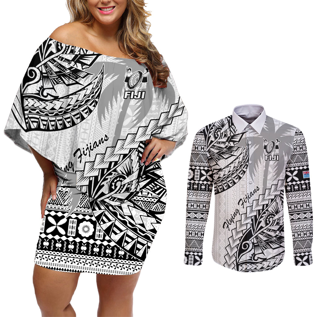 Fiji Rugby Couples Matching Off Shoulder Short Dress and Long Sleeve Button Shirt Kaiviti Fijian Tribal World Cup White LT9 - Wonder Print Shop