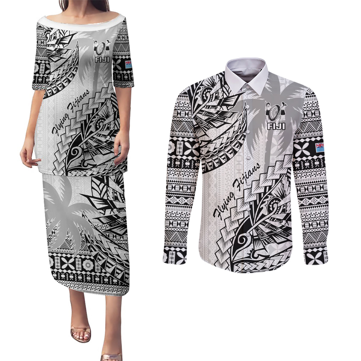 Fiji Rugby Couples Matching Puletasi Dress and Long Sleeve Button Shirt Kaiviti Fijian Tribal World Cup White LT9 - Wonder Print Shop