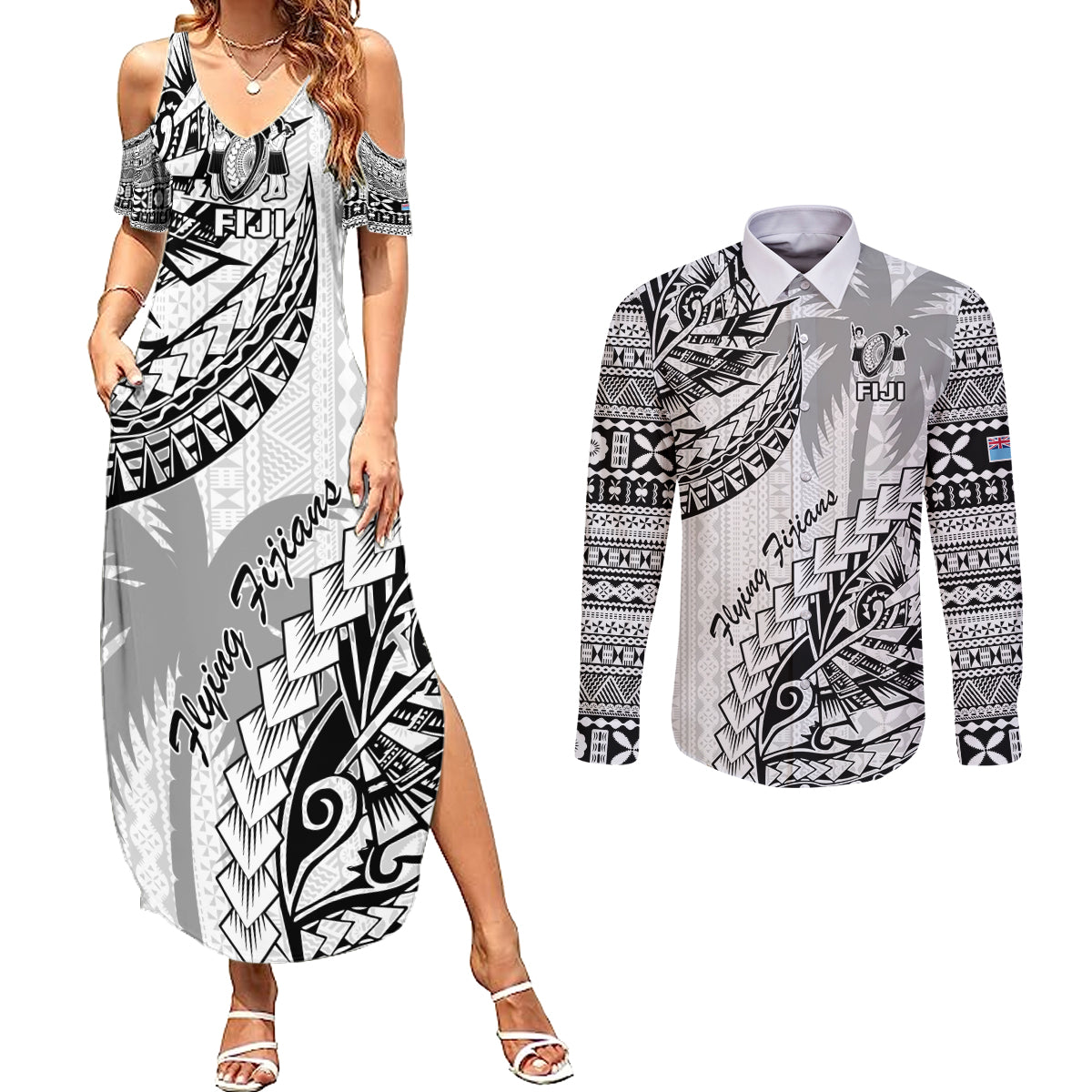Fiji Rugby Couples Matching Summer Maxi Dress and Long Sleeve Button Shirt Kaiviti Fijian Tribal World Cup White LT9 - Wonder Print Shop
