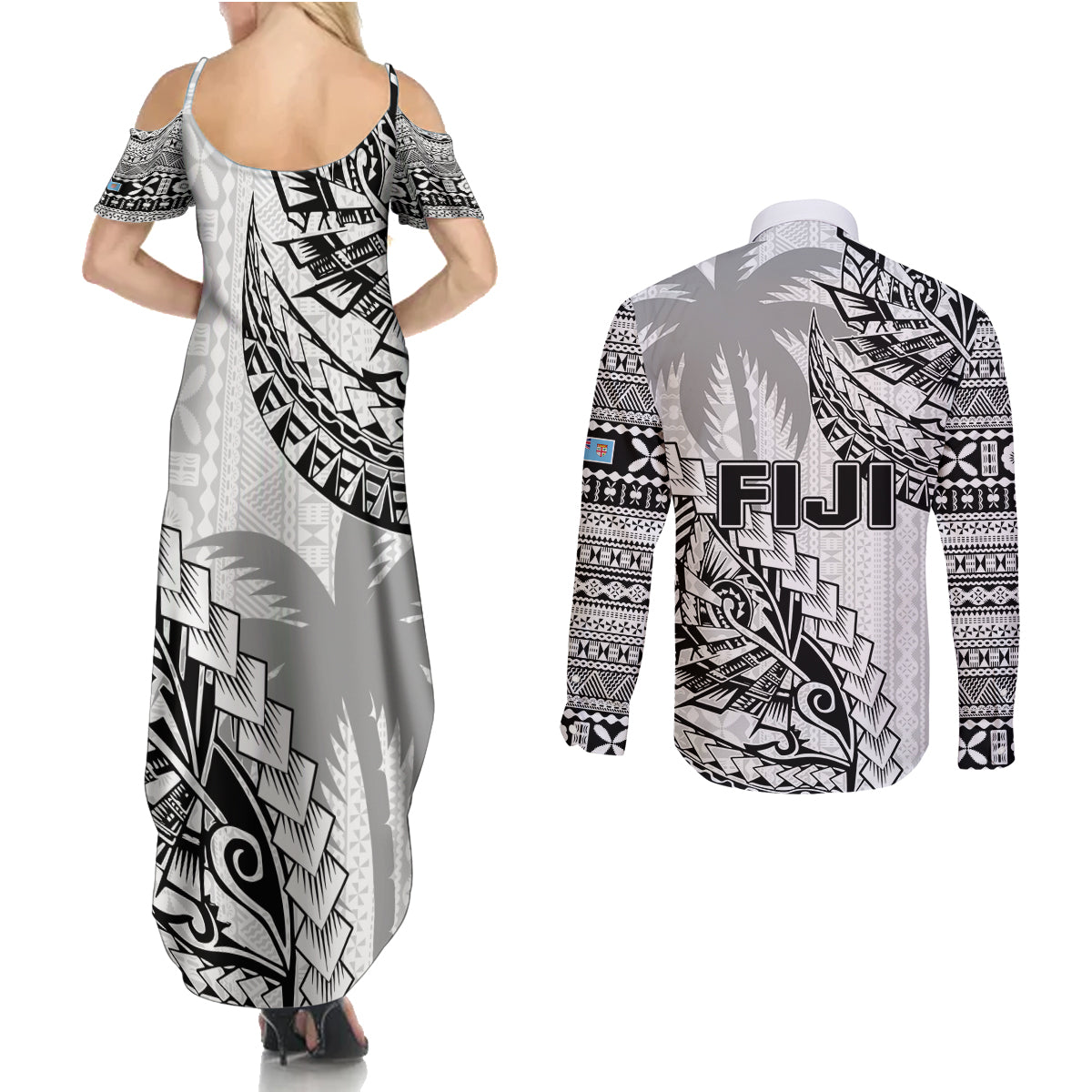 Fiji Rugby Couples Matching Summer Maxi Dress and Long Sleeve Button Shirt Kaiviti Fijian Tribal World Cup White LT9 - Wonder Print Shop