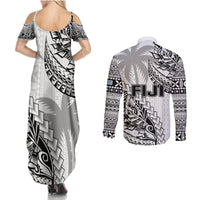 Fiji Rugby Couples Matching Summer Maxi Dress and Long Sleeve Button Shirt Kaiviti Fijian Tribal World Cup White LT9 - Wonder Print Shop