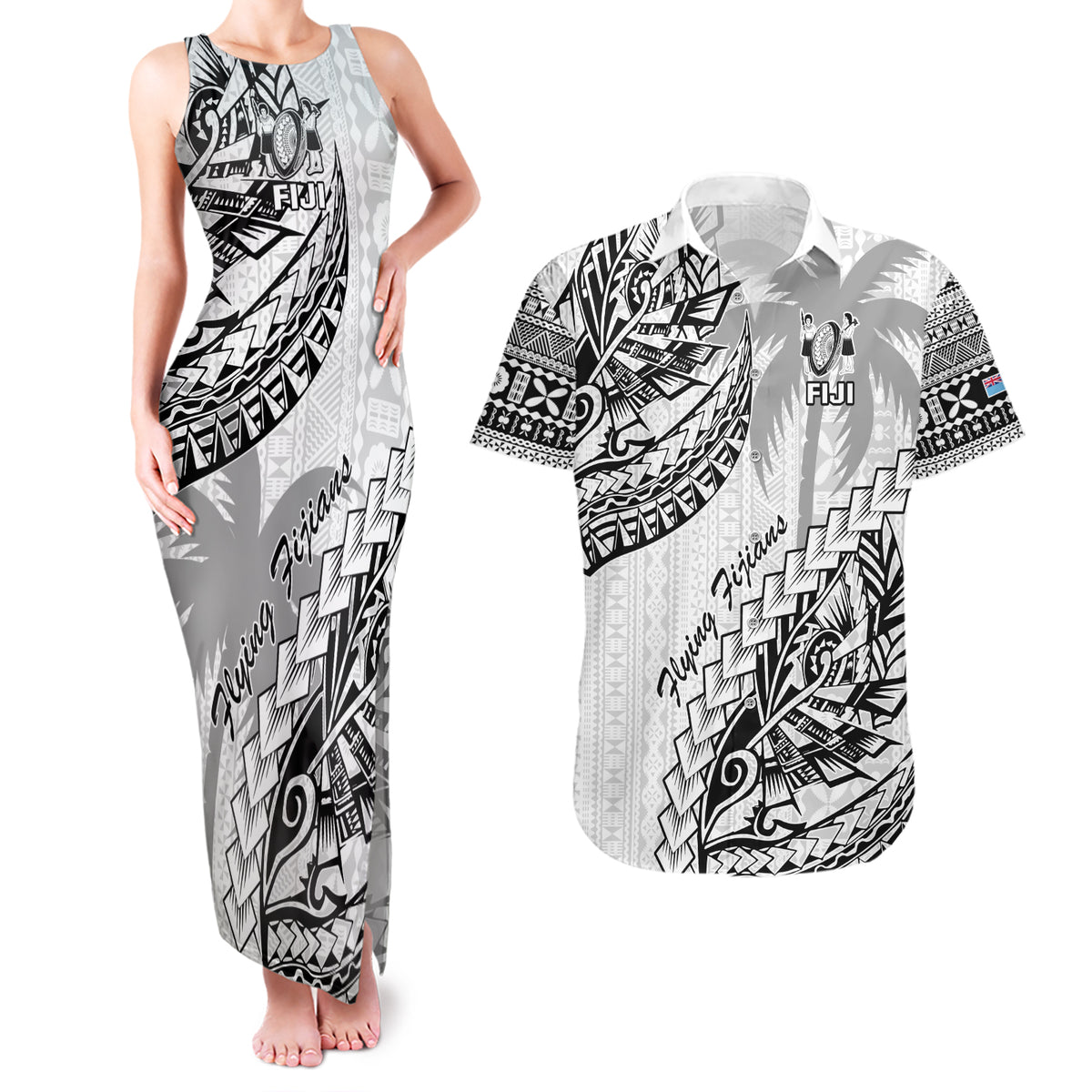 Fiji Rugby Couples Matching Tank Maxi Dress and Hawaiian Shirt Kaiviti Fijian Tribal World Cup White LT9 - Wonder Print Shop