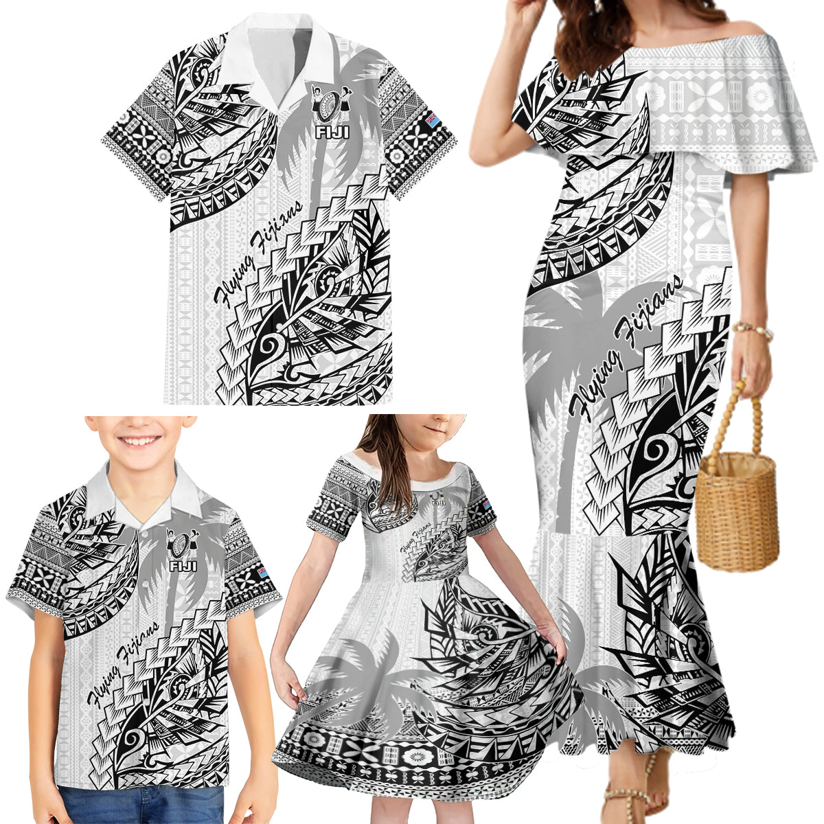 Fiji Rugby Family Matching Mermaid Dress and Hawaiian Shirt Kaiviti Fijian Tribal World Cup White LT9 - Wonder Print Shop