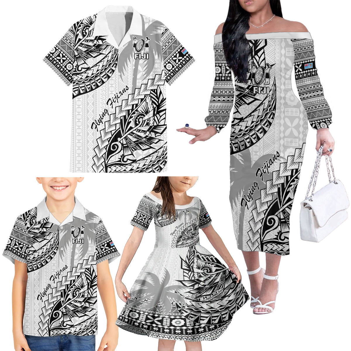 Fiji Rugby Family Matching Off Shoulder Long Sleeve Dress and Hawaiian Shirt Kaiviti Fijian Tribal World Cup White - Wonder Print Shop