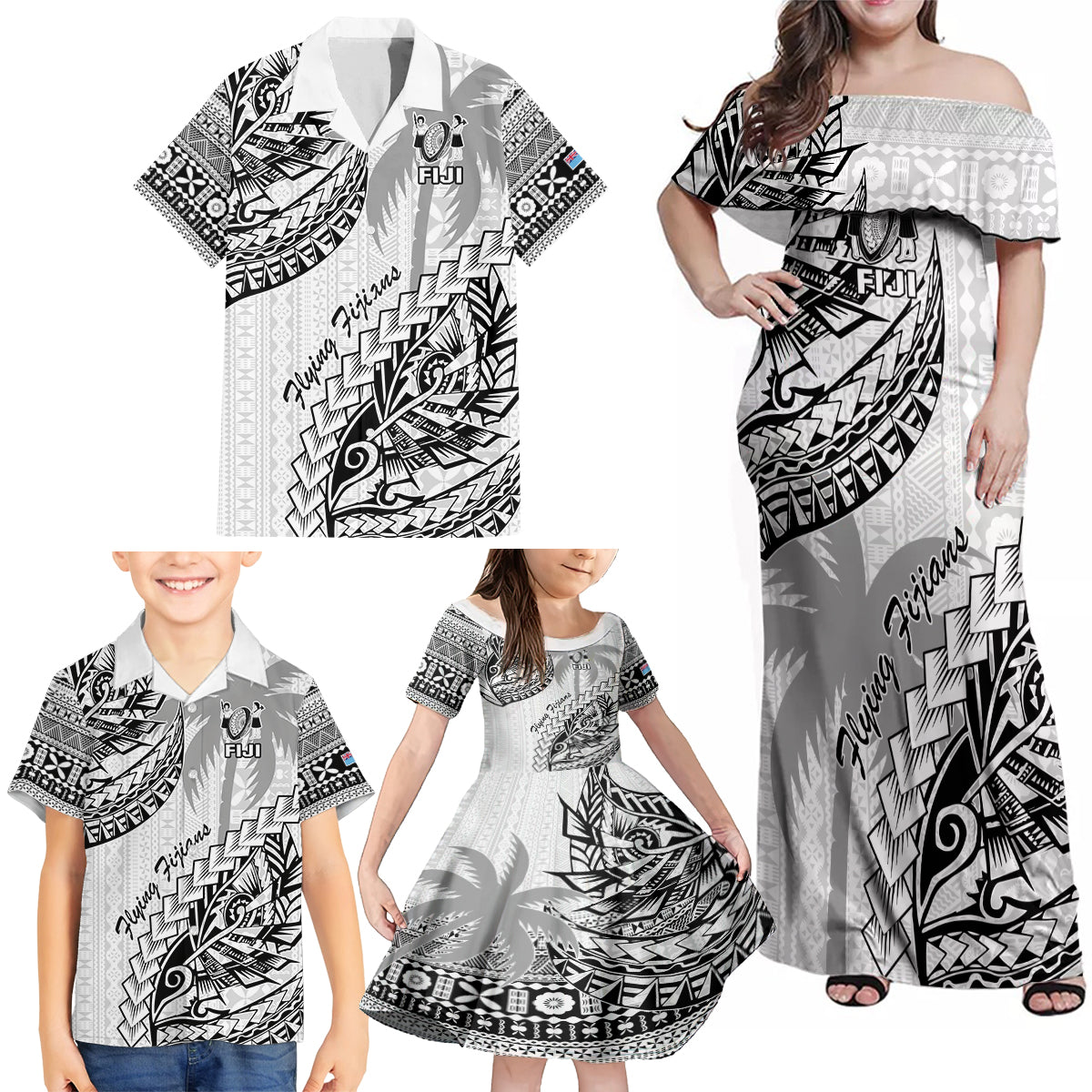Fiji Rugby Family Matching Off Shoulder Maxi Dress and Hawaiian Shirt Kaiviti Fijian Tribal World Cup White LT9 - Wonder Print Shop