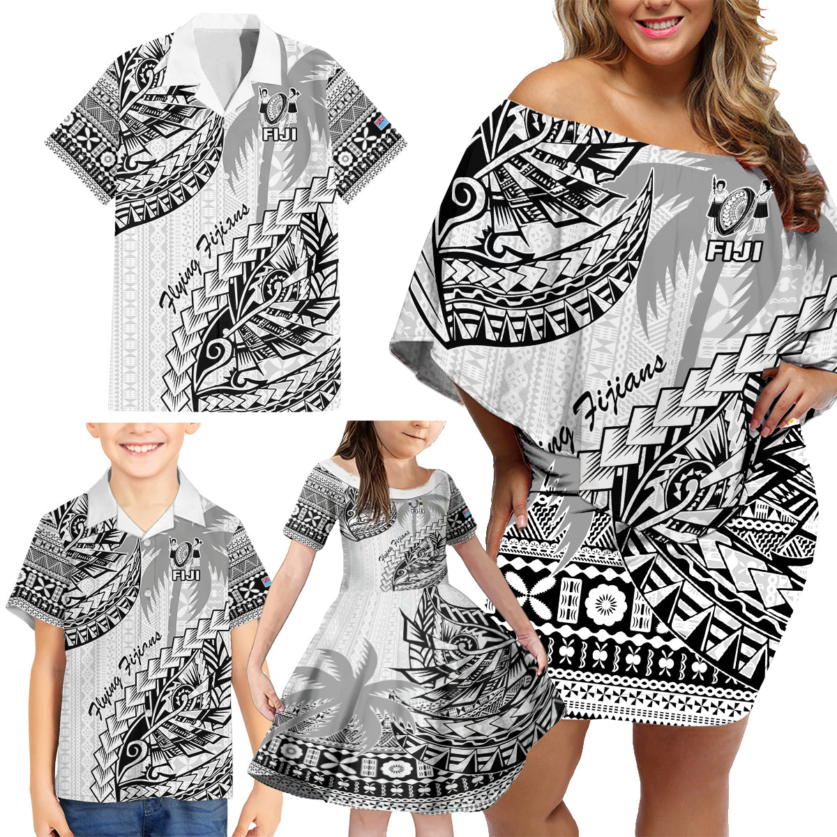 Fiji Rugby Family Matching Off Shoulder Short Dress and Hawaiian Shirt Kaiviti Fijian Tribal World Cup White LT9 - Wonder Print Shop