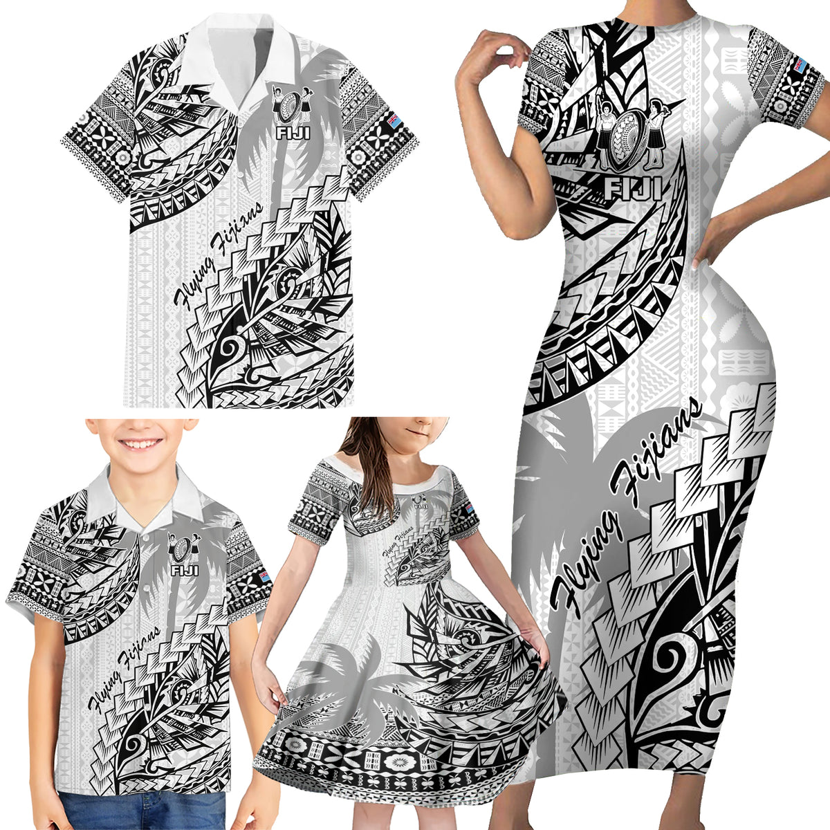 Fiji Rugby Family Matching Short Sleeve Bodycon Dress and Hawaiian Shirt Kaiviti Fijian Tribal World Cup White - Wonder Print Shop