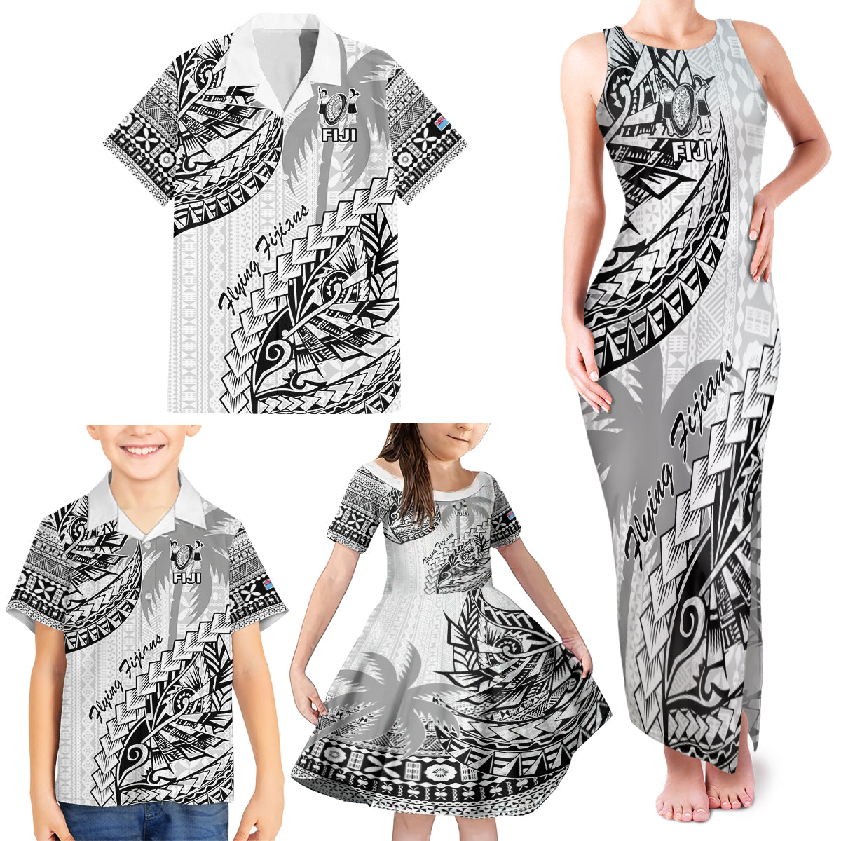 Fiji Rugby Family Matching Tank Maxi Dress and Hawaiian Shirt Kaiviti Fijian Tribal World Cup White - Wonder Print Shop
