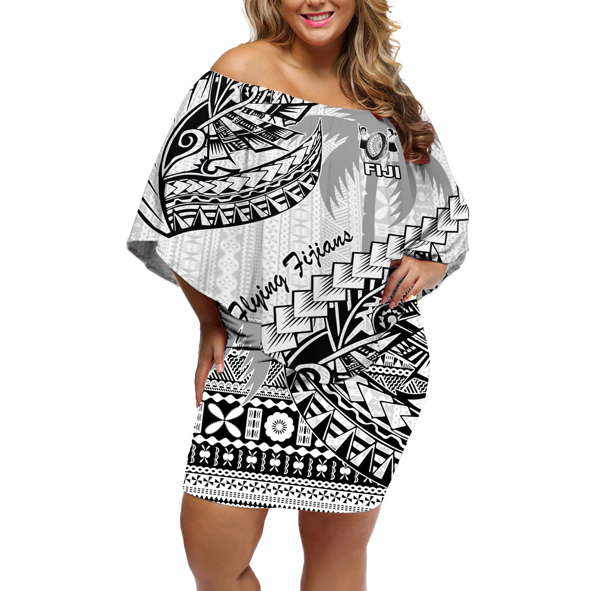 Fiji Rugby Off Shoulder Short Dress Kaiviti Fijian Tribal World Cup White - Wonder Print Shop