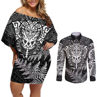 New Zealand Rugby Couples Matching Off Shoulder Short Dress and Long Sleeve Button Shirts Silver Fern All Black Mix Ta Moko White Style LT9 - Wonder Print Shop