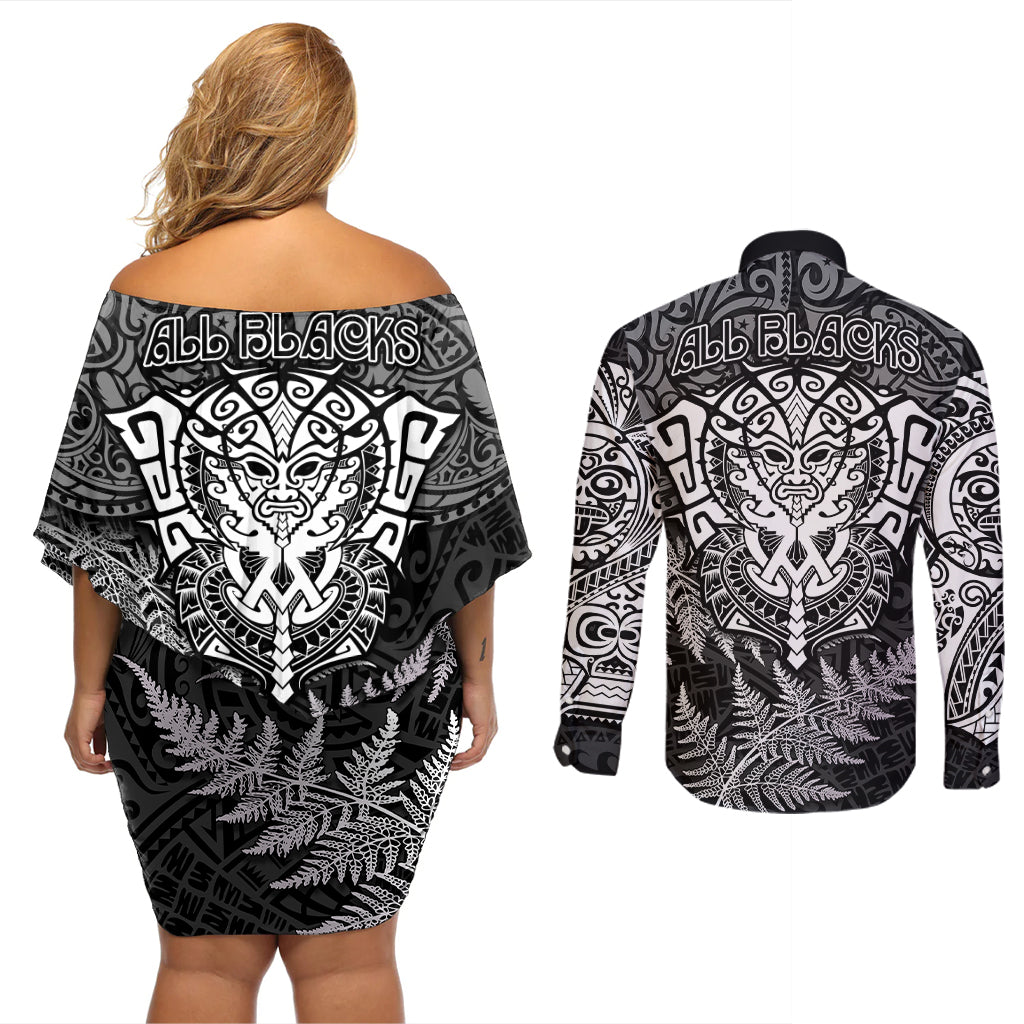 New Zealand Rugby Couples Matching Off Shoulder Short Dress and Long Sleeve Button Shirts Silver Fern All Black Mix Ta Moko White Style LT9 - Wonder Print Shop