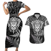 New Zealand Rugby Couples Matching Short Sleeve Bodycon Dress and Hawaiian Shirt Silver Fern All Black Mix Ta Moko White Style LT9 - Wonder Print Shop