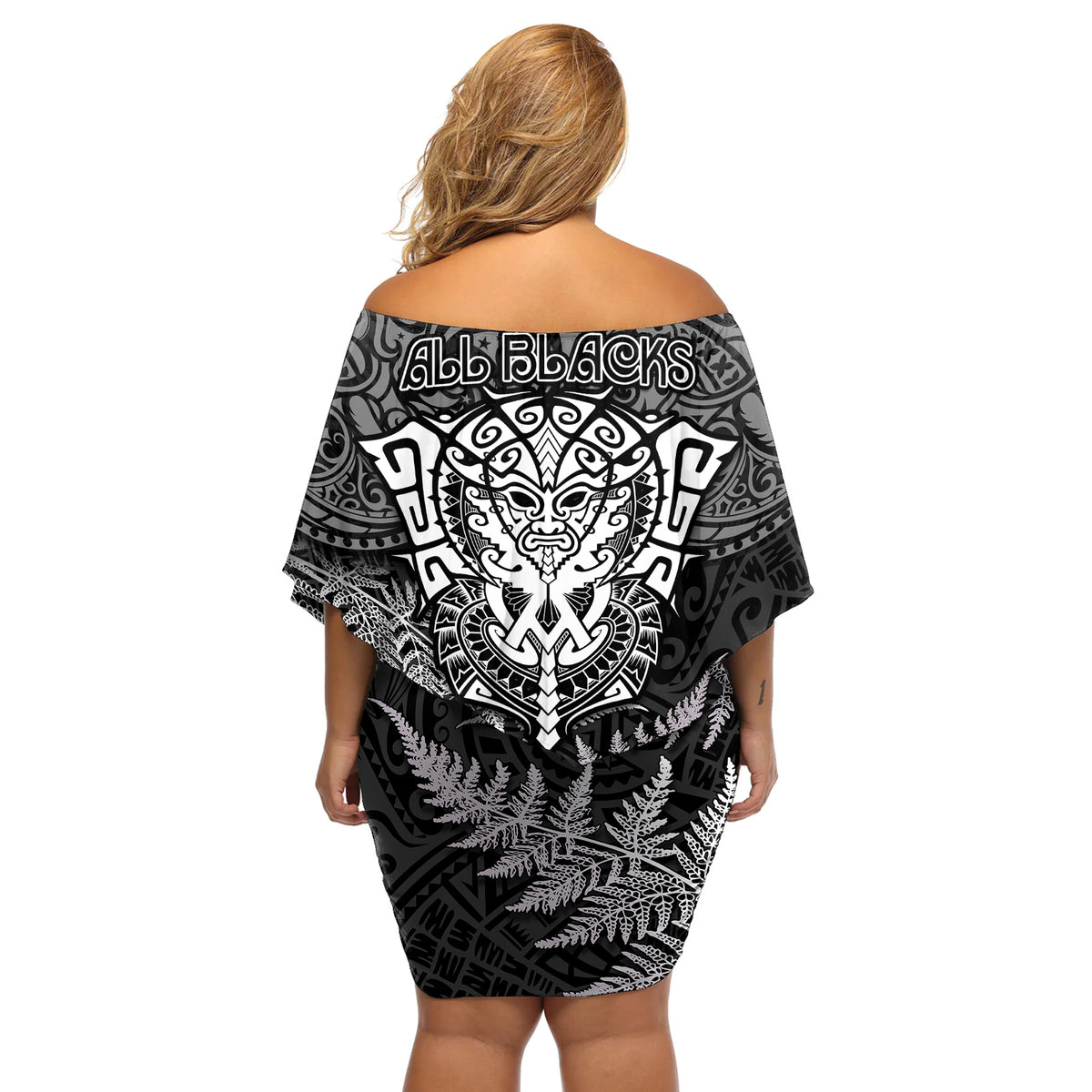 New Zealand Rugby Off Shoulder Short Dress Silver Fern All Black Mix Ta Moko White Style - Wonder Print Shop