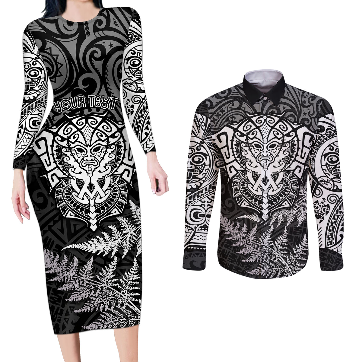 Personalised New Zealand Rugby Couples Matching Long Sleeve Bodycon Dress and Long Sleeve Button Shirts Silver Fern All Black Mix Ta Moko White Style LT9 - Wonder Print Shop