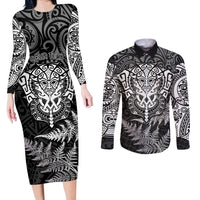 Personalised New Zealand Rugby Couples Matching Long Sleeve Bodycon Dress and Long Sleeve Button Shirts Silver Fern All Black Mix Ta Moko White Style LT9 - Wonder Print Shop