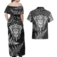 Personalised New Zealand Rugby Couples Matching Off Shoulder Maxi Dress and Hawaiian Shirt Silver Fern All Black Mix Ta Moko White Style LT9 - Wonder Print Shop