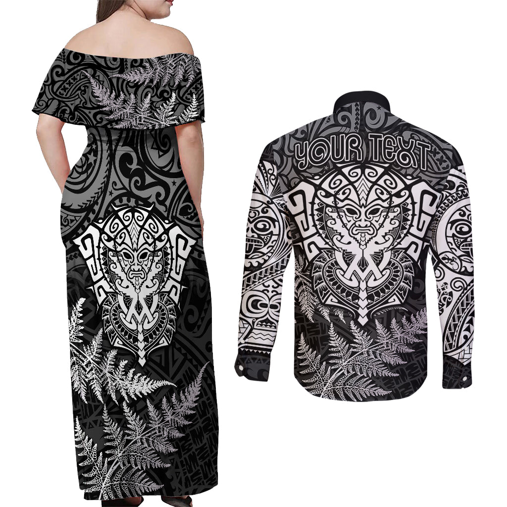 Personalised New Zealand Rugby Couples Matching Off Shoulder Maxi Dress and Long Sleeve Button Shirts Silver Fern All Black Mix Ta Moko White Style LT9 - Wonder Print Shop