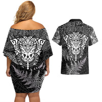 Personalised New Zealand Rugby Couples Matching Off Shoulder Short Dress and Hawaiian Shirt Silver Fern All Black Mix Ta Moko White Style LT9 - Wonder Print Shop