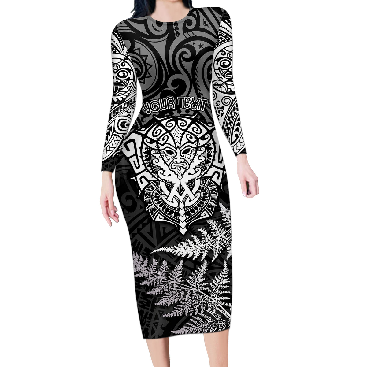 Personalised New Zealand Rugby Long Sleeve Bodycon Dress Silver Fern All Black Mix Ta Moko White Style - Wonder Print Shop