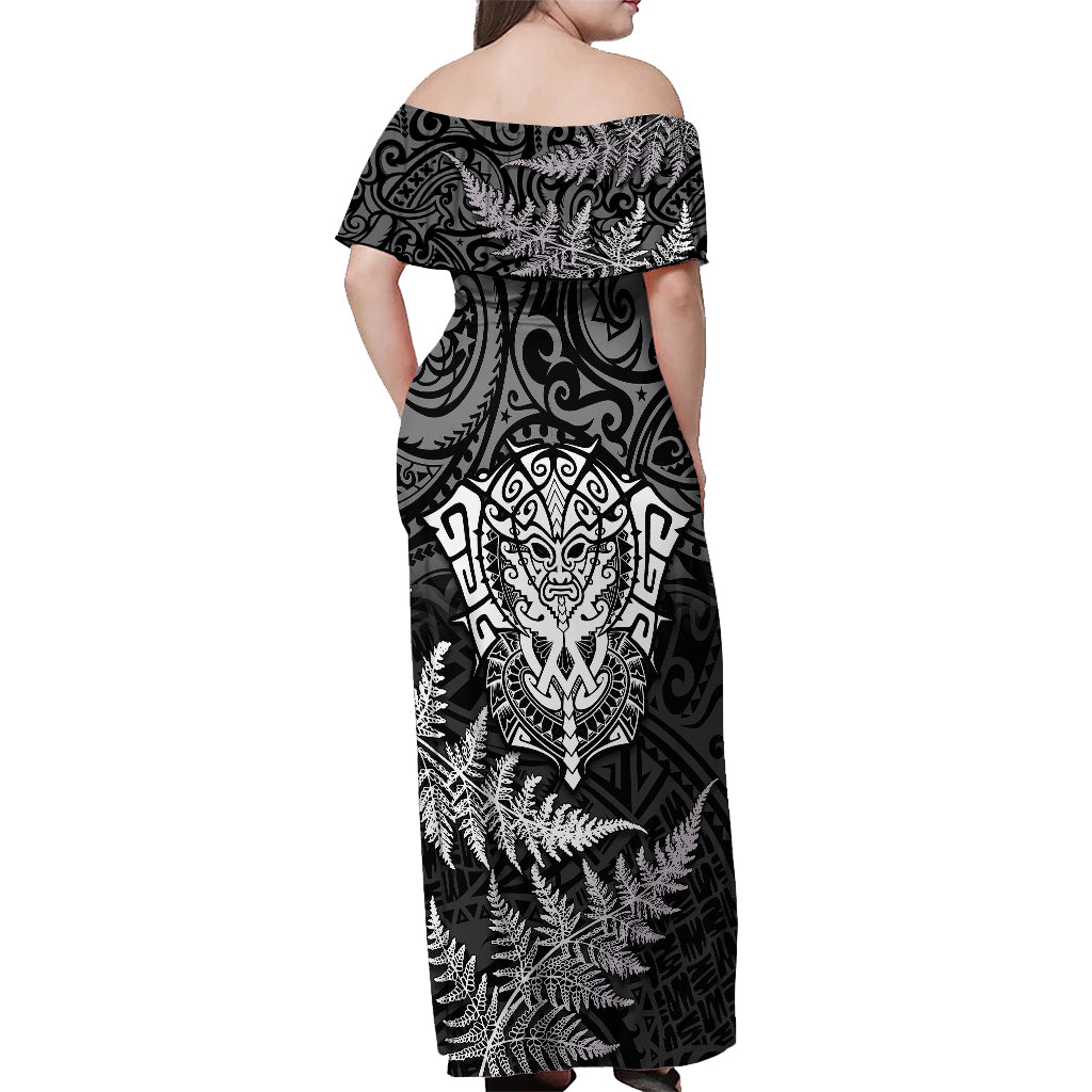 Personalised New Zealand Rugby Off Shoulder Maxi Dress Silver Fern All Black Mix Ta Moko White Style - Wonder Print Shop