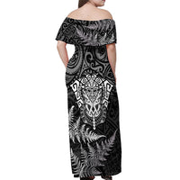Personalised New Zealand Rugby Off Shoulder Maxi Dress Silver Fern All Black Mix Ta Moko White Style - Wonder Print Shop