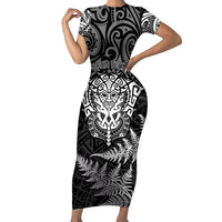 Personalised New Zealand Rugby Short Sleeve Bodycon Dress Silver Fern All Black Mix Ta Moko White Style - Wonder Print Shop
