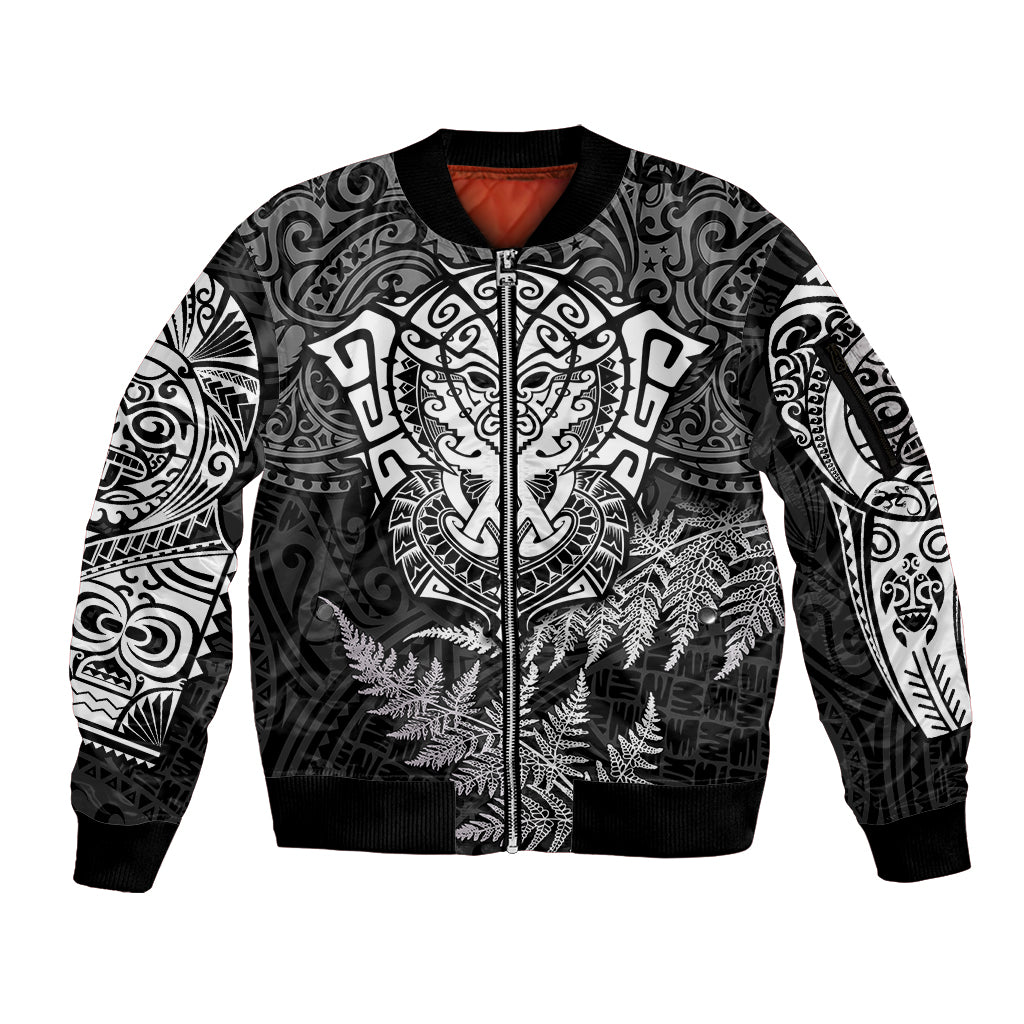 Personalised New Zealand Rugby Sleeve Zip Bomber Jacket Silver Fern All Black Mix Ta Moko White Style - Wonder Print Shop