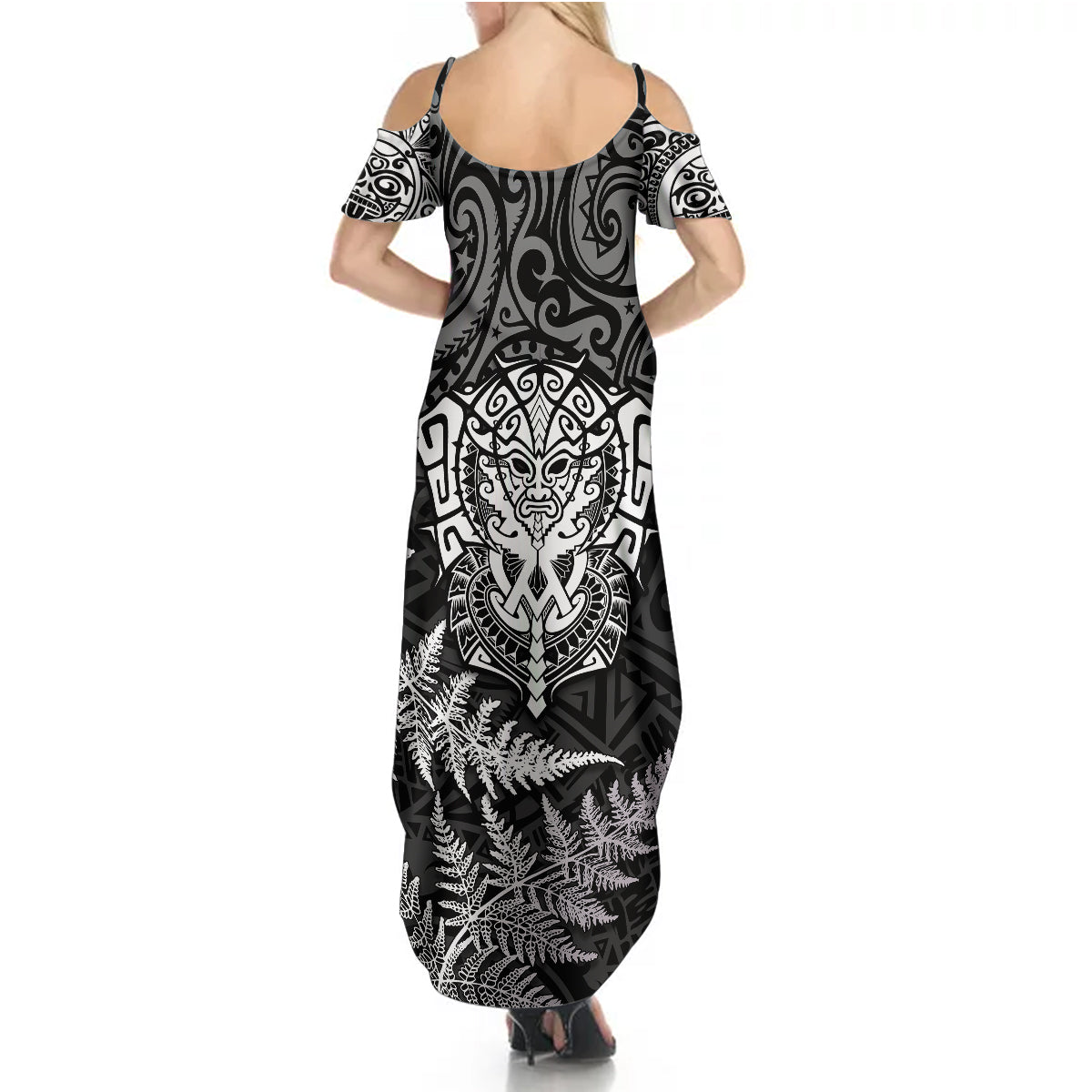Personalised New Zealand Rugby Summer Maxi Dress Silver Fern All Black Mix Ta Moko White Style - Wonder Print Shop