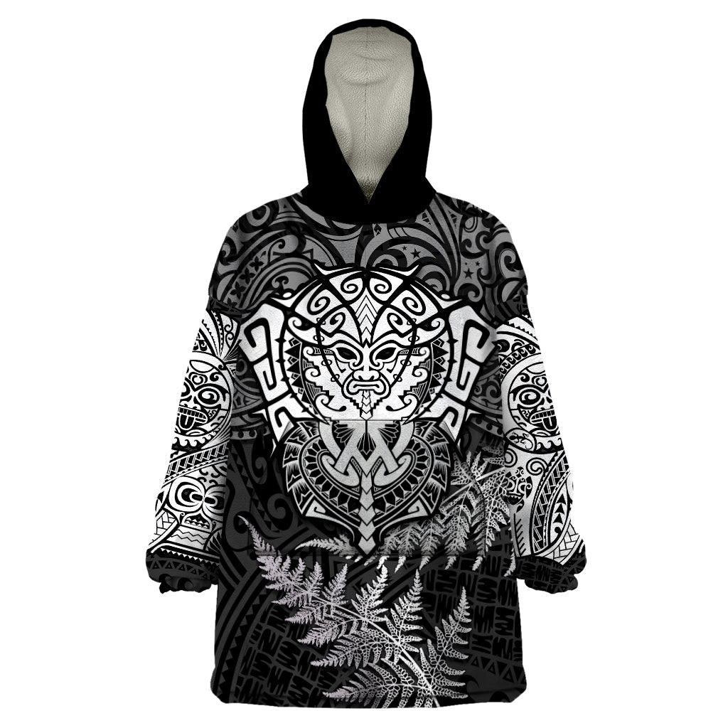 Personalised New Zealand Rugby Wearable Blanket Hoodie Silver Fern All Black Mix Ta Moko White Style - Wonder Print Shop